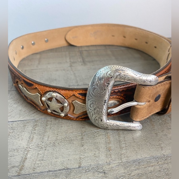 Vtg JUSTIN ODESSA STAR BROWN TOOLED LEATHER BELT Silver Buckle 1994 C10765 Sz 42 - Picture 3 of 17
